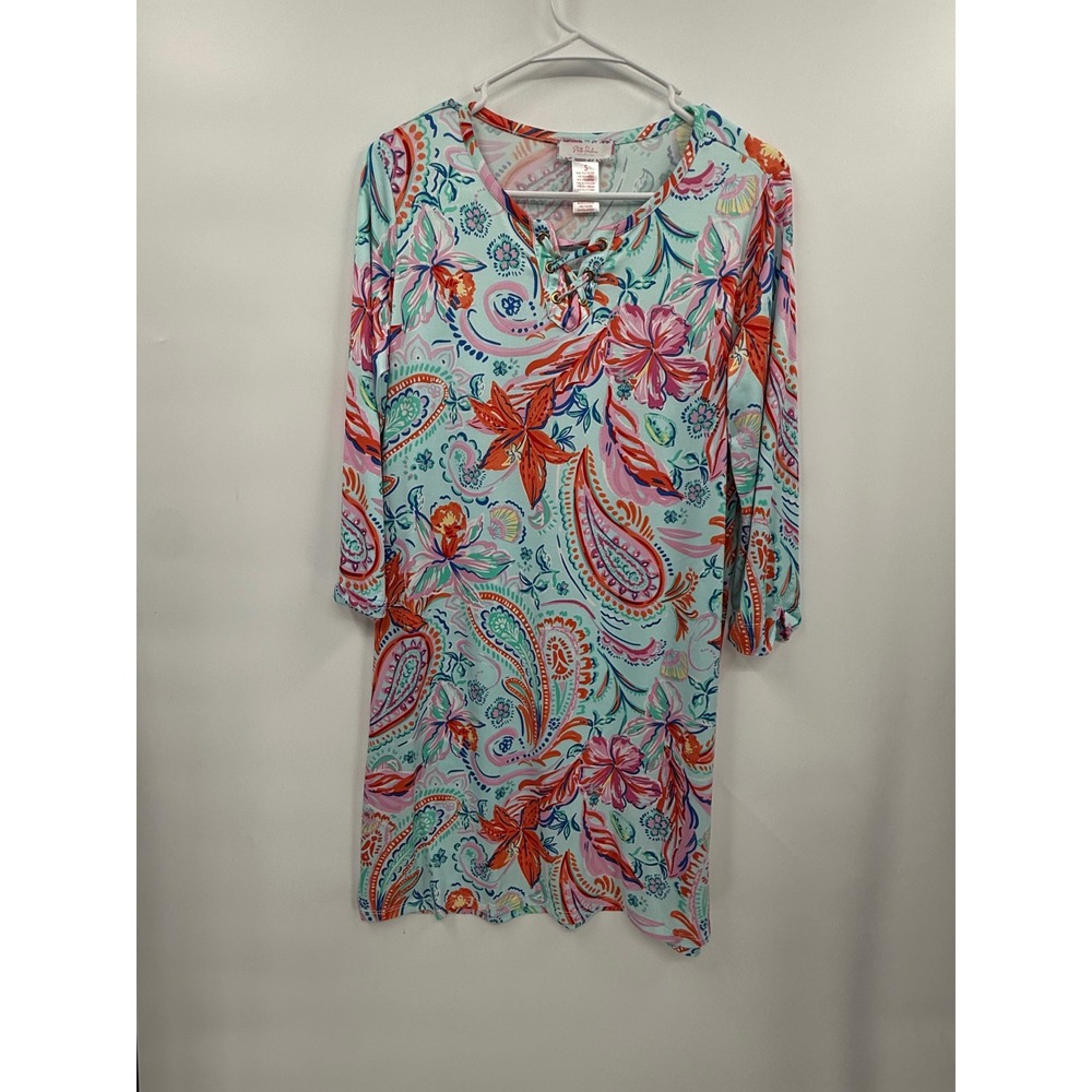 Stella Parker S Tunic Top Womens Blue Pink Paisley Floral Lace Up V-Neck Stretch